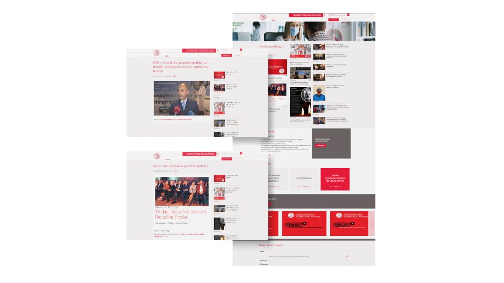 Prikaz web stranice porodične medicine sa vijestima, člancima, multimedijalnim sadržajem i informacijama o stručnim događajima.